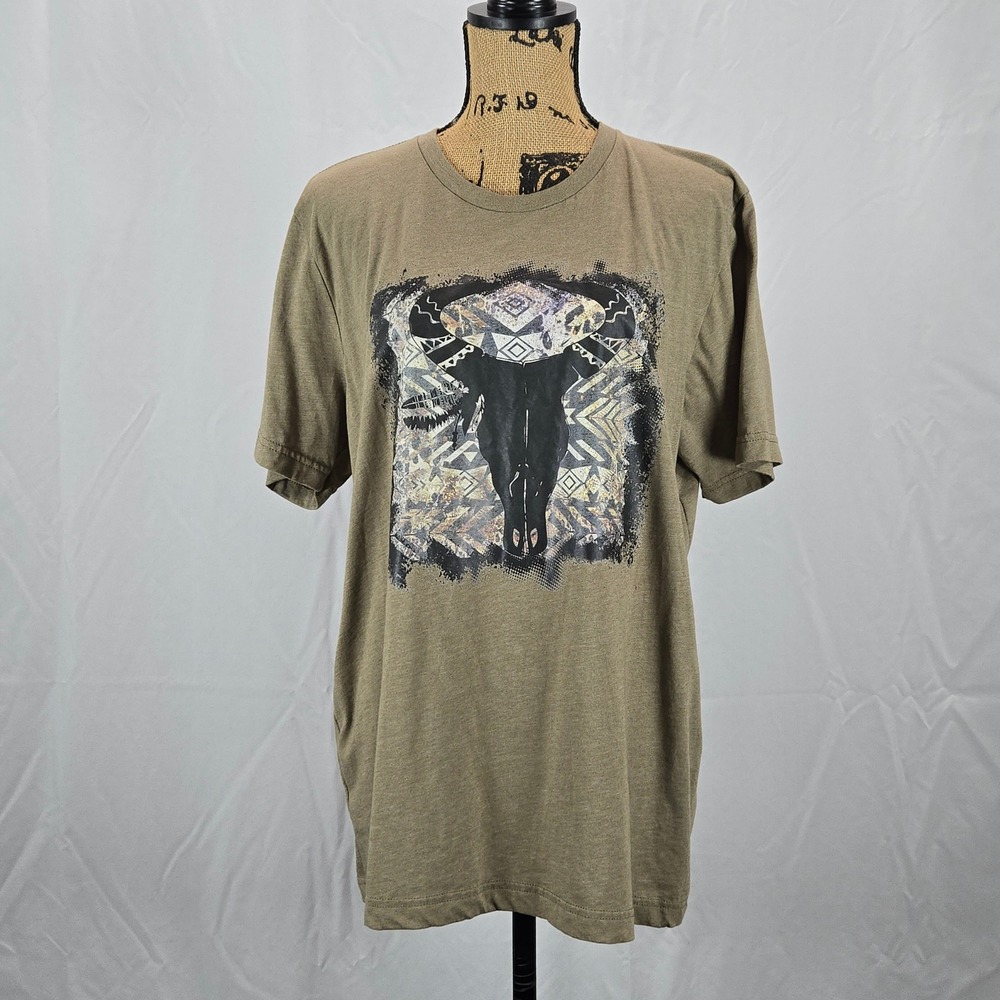 Bella Canvas Women XL Western Bull Skull Graphic Tee Boho Southwestern Tan USA